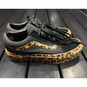 Women’s Vans Size 6.5 Leopard Print Black Platform Old Skool Style Skate Shoes